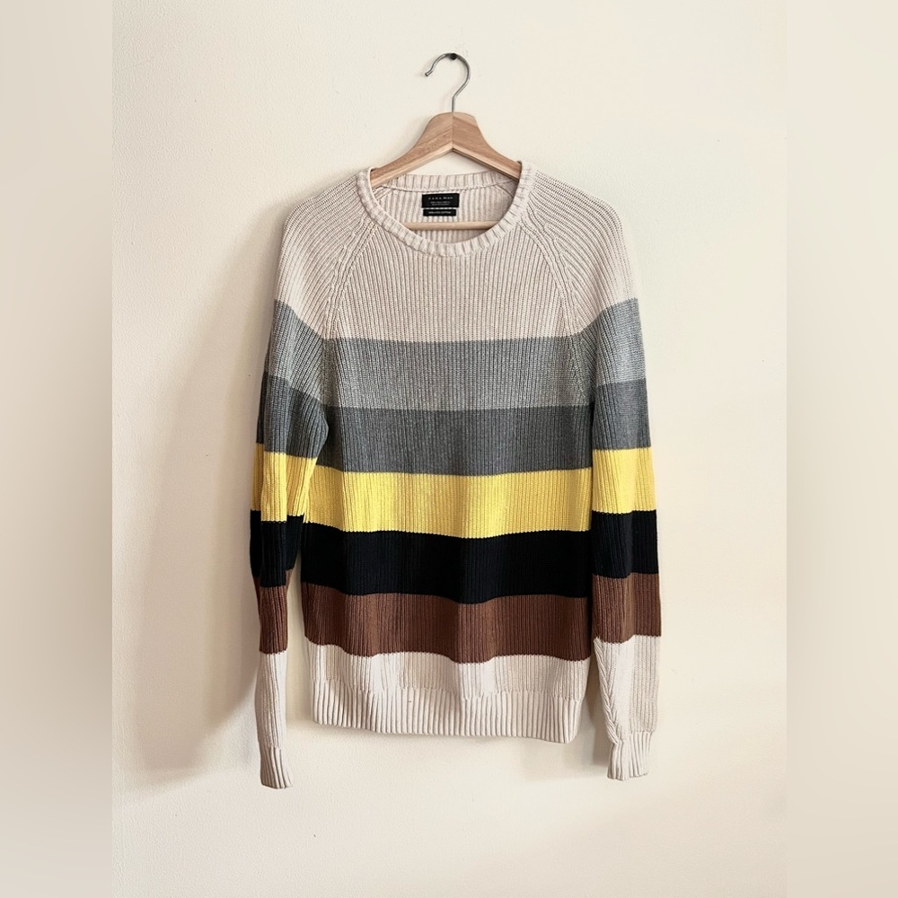 Zara Man Long Sleeve Crew Neck 100% Cotton Knit Multicolor Sweater Size L